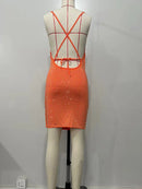 Women's Orange Backless Spaghetti Strap Wapped Ruched Bodycon Cami Mini Dress