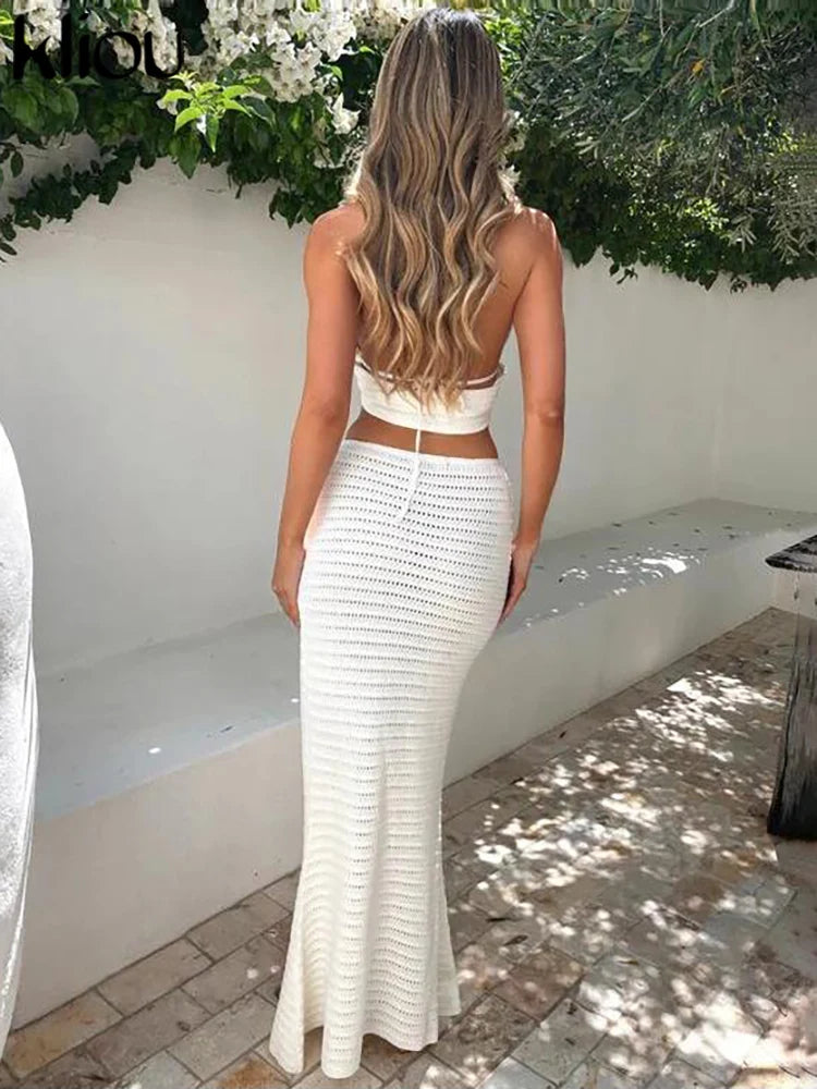 Women Knitted Halter Vest Split Top + Long Skirt Sets