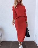 Women Long Sleeve Mock Neck Sweatshirt + High Waist Skirt Set