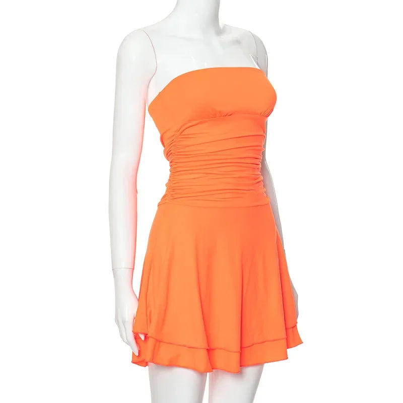 Women's Short Orange Tube Pleated Empire Waist Mini Dress