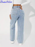 Woman High Waist Loose Cut Out Denim Jean