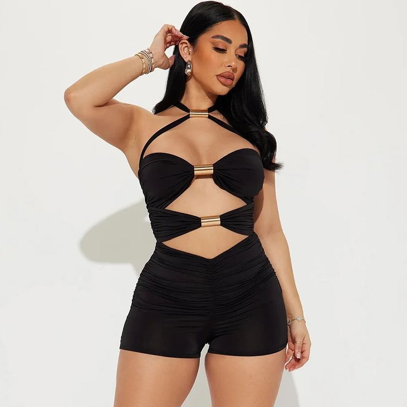 Women's Hollow Out Metal Rings Backless Playsuit