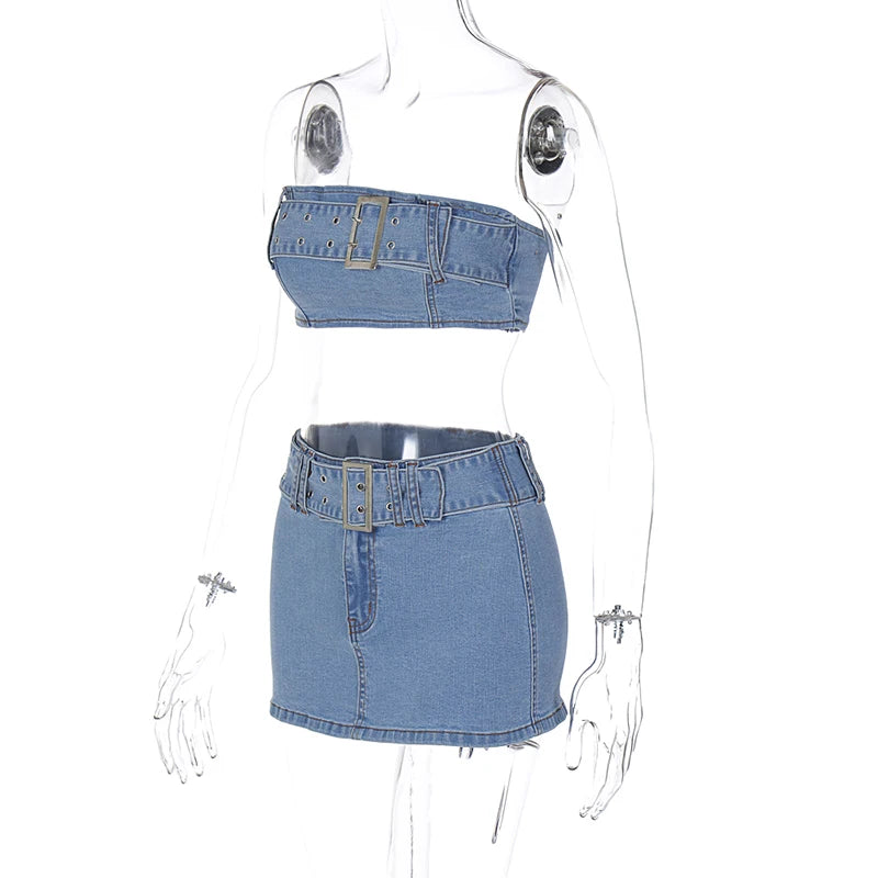 Women's Denim Strapless Belt Crop Top And Zip Up Button Skirt