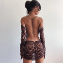 Women‘s Mesh Leopard See-throug Tie-up Backless Mini Dress