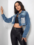 Women's Fringe Tassel Cropped Hem Ripped Crop Denim Jacket