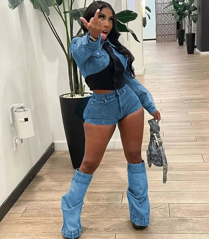 Women's  Long Sleeve Mini Jean Jacket+Jeans Shorts