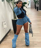 Women's  Long Sleeve Mini Jean Jacket+Jeans Shorts