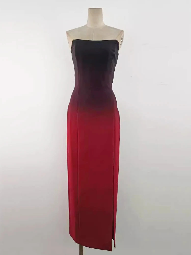 Gradient Color Strapless High Waist Side Split Dress