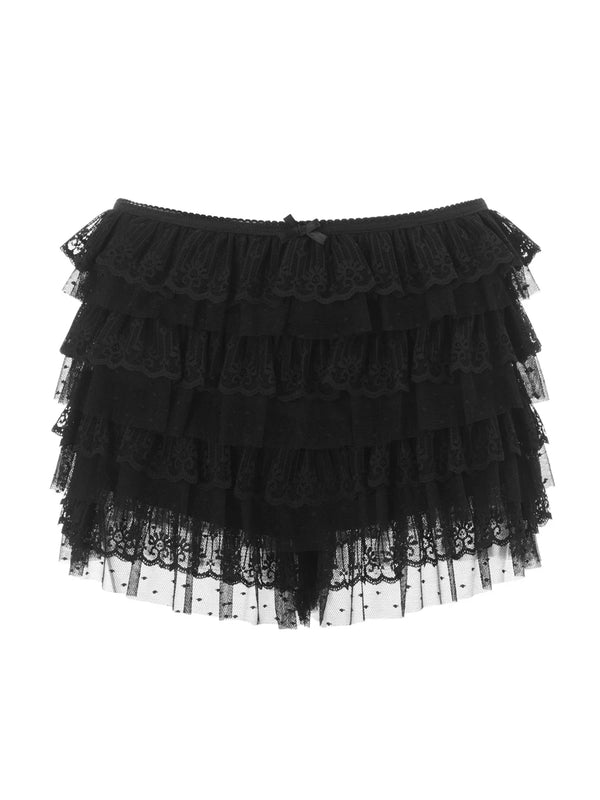 Women's Ruffled Layered Elastic Low Waist Lace Skirt