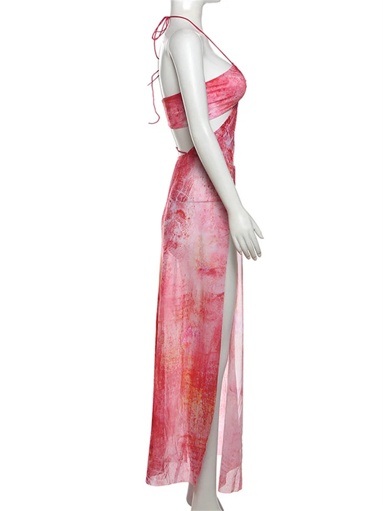 Tie-dye Print Hollow Out Backless Long Dress