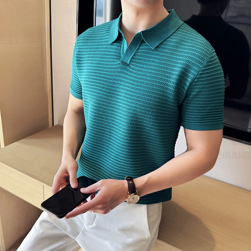 Men's Striped Jacquard Knitted Short Sleeve Polo Shirt