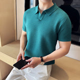 2024 High Quality M-3XL, Men's Striped Jacquard Knitted Short Sleeve Polo Shirt, Hollow Out V-neck Men's Slim Fit Fashion,