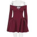 Women's Burgundy Off Shoulder Slim Backless Long Sleeve A-line Mini Dress