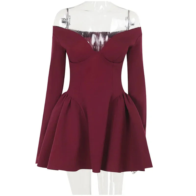 Women's Burgundy Off Shoulder Slim Backless Long Sleeve A-line Mini Dress