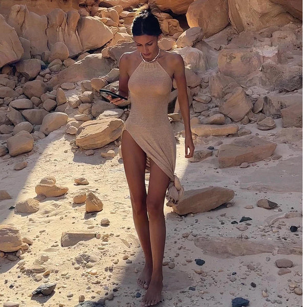 Women's Kintted See Through Maxi Slit Bodycon  Bikinis Cover-ups