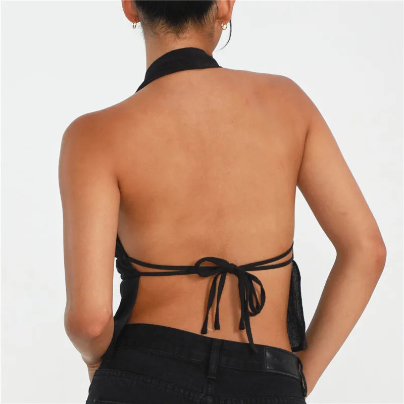 Women's Backless Halter Tank Top with Front Tie and Open Back Slit