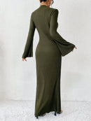 women's Solid Flare Sleeve Crew Neck And Floor Length Slim Dress