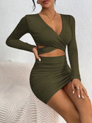 Women's Long sleeved V-neck Tight Waist Wrapped Butt Mini Dress