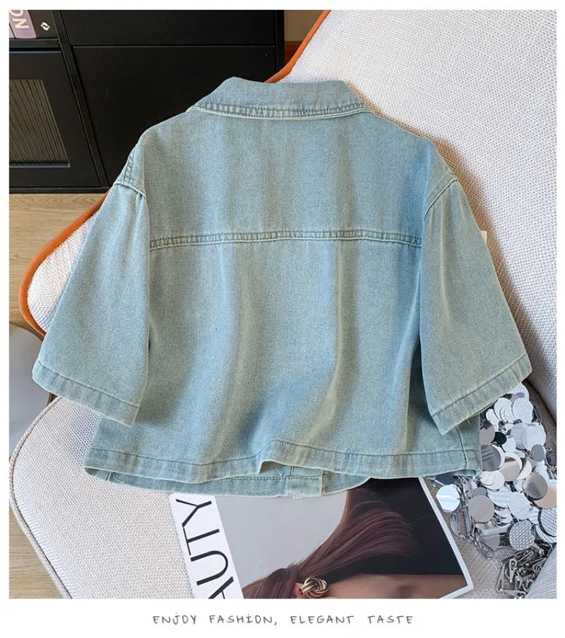 Sweet Hot Girl Retro Suit Women's Summer Short Sleeved Denim Jacket A-line Short Skirt Two-piece Set Fashion Female Clothes