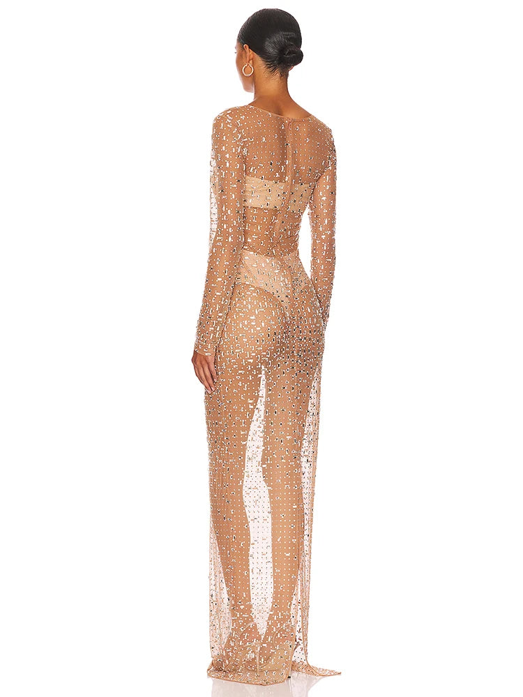 Sexy O Neck Mesh Crystal Diamond Long Dress.