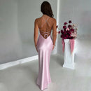 Women's Spaghetti Strap Satin High Waist Tunics Backless And Lace-up Tight Long Dress