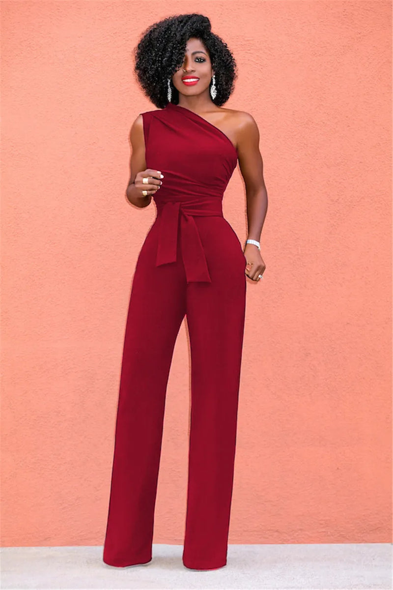 Women's One Shoulder Belt Wide Leg  Bodycon Jumpsuit