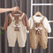 Boys Solid Cotton Tops And Cartoon loose Suspender Pants Sets