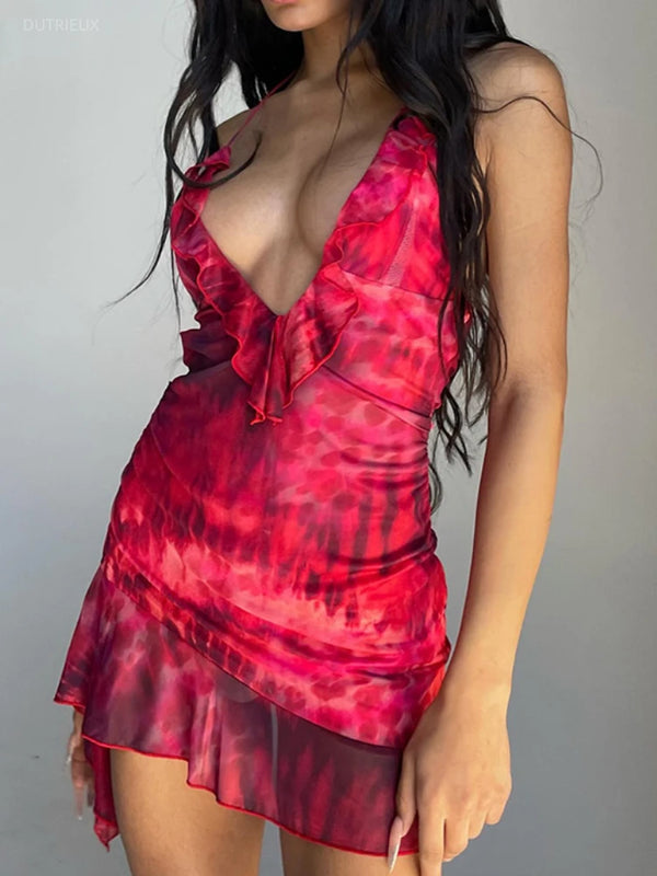 Women's Aesthetic Backless Bandage Slim Fit Print Halter Irregular Ruffled Dress