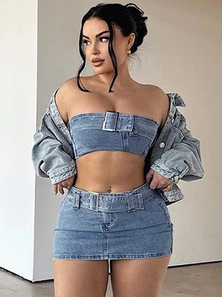 Women's Denim Strapless Belt Crop Top And Zip Up Button Skirt