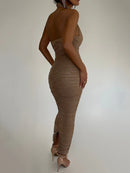 Women's Sparkly Turtleneck Sleeveless Backless Long Maxi Dress