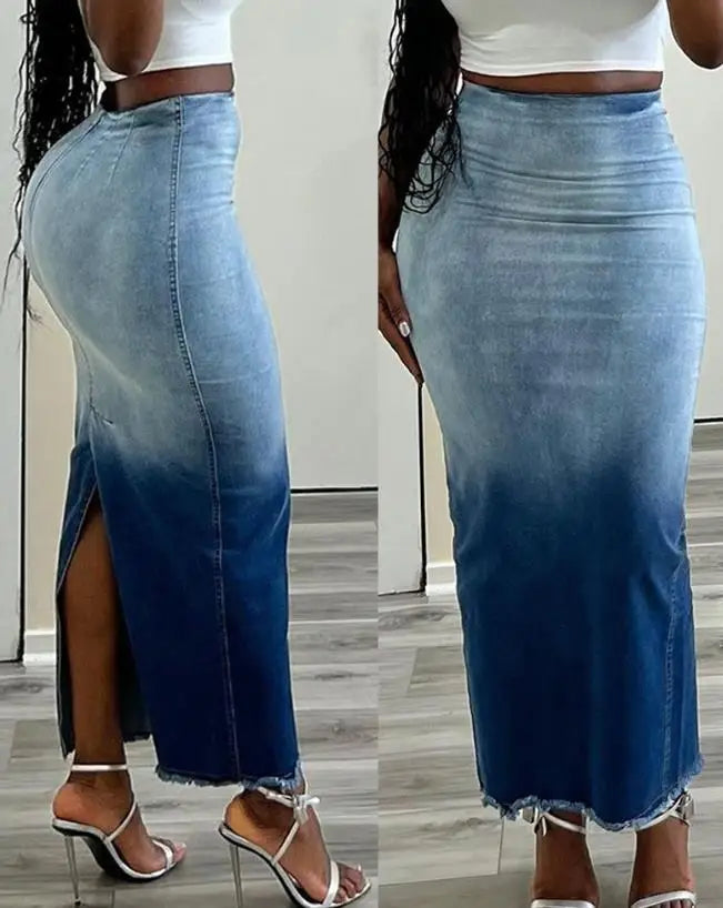 Women's Tie Dye Print Slit Demin Skirt