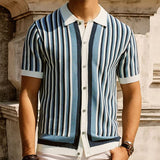 Summer Men's Light Luxury Button-down Leisure Knit Polo Shirt Popular Retro  Short Sleeve Streetwear Fashion Patchwork Knitwear