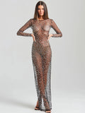 Sexy O Neck Mesh Crystal Diamond Long Dress.