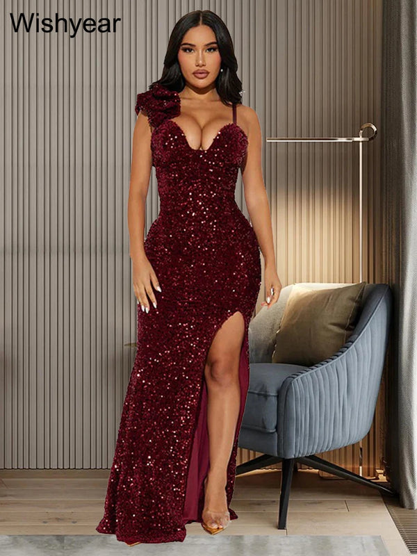 Women's Slit Leg Padded Sequin Strap Dress