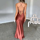 Women's Spaghetti Strap Satin High Waist Tunics Backless And Lace-up Tight Long Dress