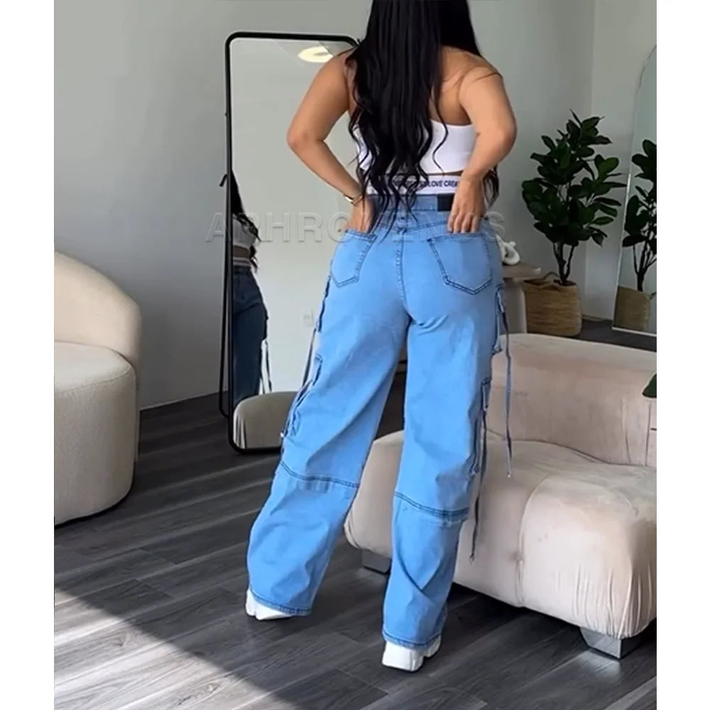 Denim Straight Jeans Wide Leg Women High Waist Loose Pants Y2K Trousers Hip-hop Streetwear Waist Colorblocked Design Loose Jeans