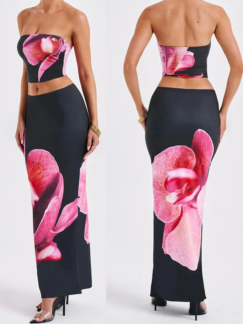 Women's Floral Print Tube Tops and Elastic Bodycon Long Skirt Set