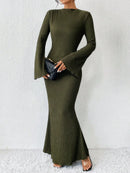 women's Solid Flare Sleeve Crew Neck And Floor Length Slim Dress