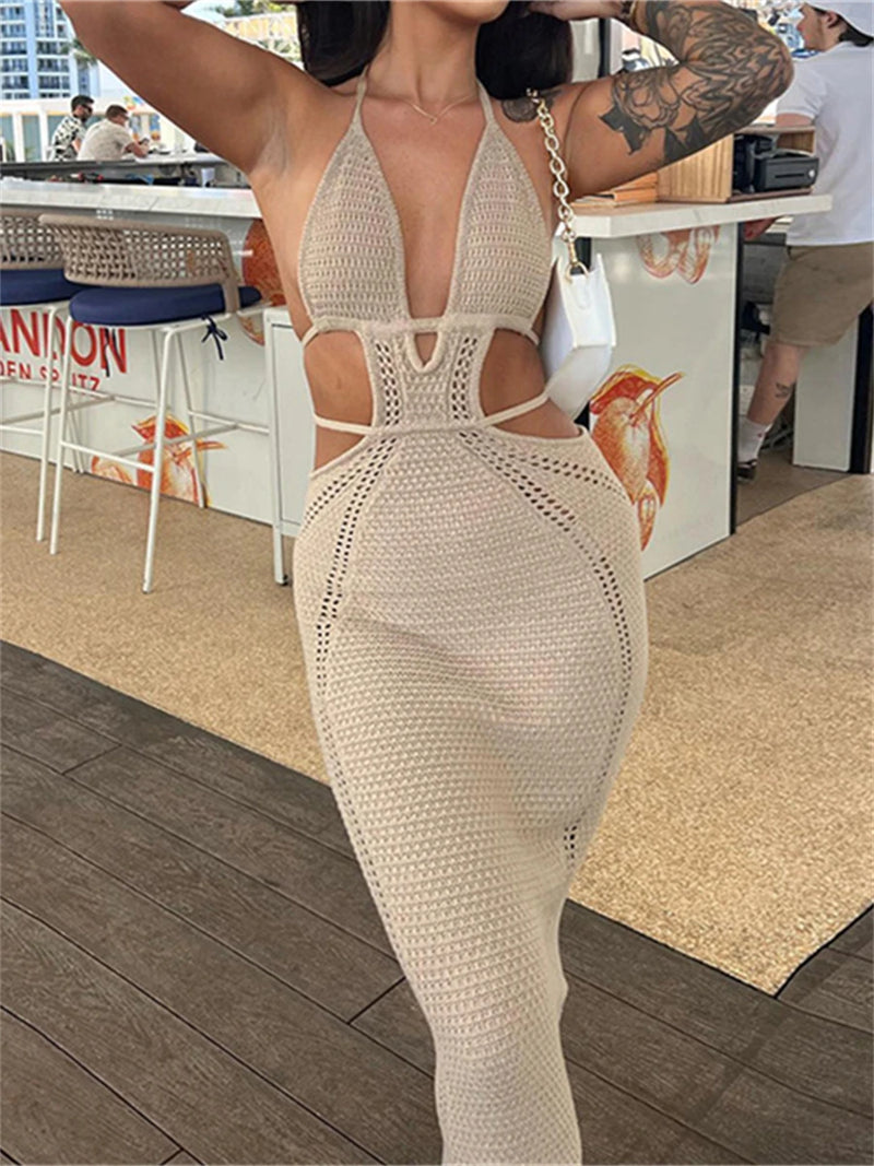 Women's Halter Knit Crochet Bodycon Dress