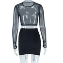 Women's Mesh See Through Long Sleeve Crop Tops and Mini Skirt