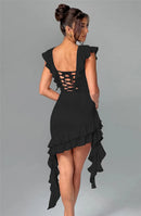 Women's Deep V Neck Backless Draped Ruffle Mini Dress F