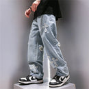 High Street Jeans Men Cross Graphic Baggy Denim Pants