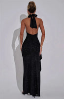 Women's Thigh High Split Black Round Neck Collar Sleeveless Backless Long Dress Maxi Dress