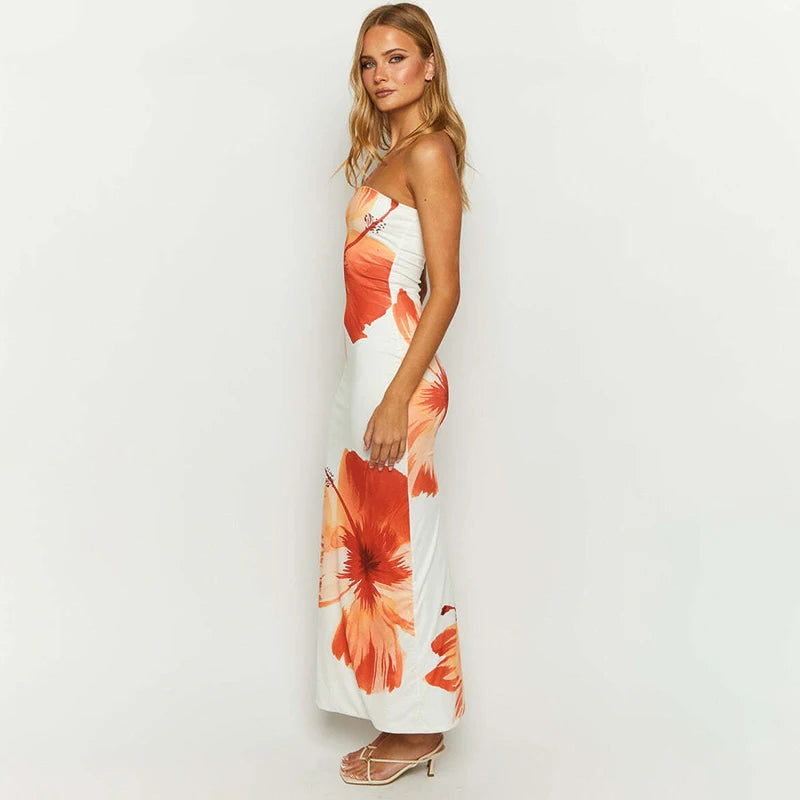 Women's Flower Printed Tubeless Off Shoulder Slim Beach Floor Length Long Dress