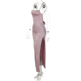 Women's High Slit Pink Long Backless Satin Dress