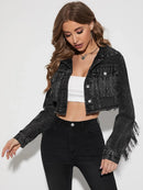 Women's Fringe Tassel Cropped Hem Ripped Crop Denim Jacket