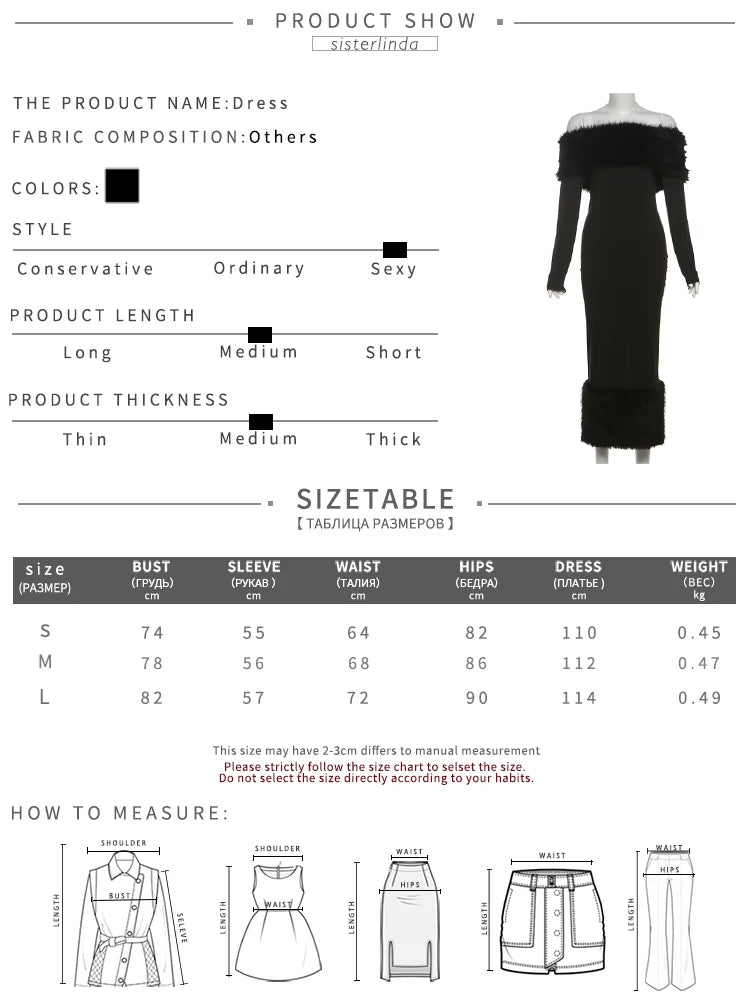 Women's Fur Shoulder And Bottom Solid Slim Maxi Dress