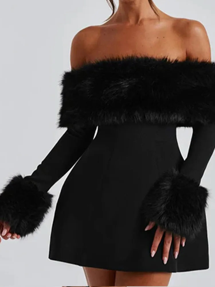 Women's Fluffy Fur Slash Collar High Waist Mini Dress