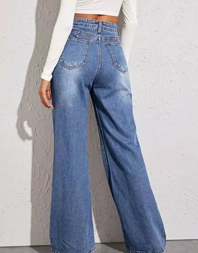 Slouchy Jeans Women High Waist Blue Jeans for Women Washed Zipper Fly Ankle Length Denim Pants Straight Leg Ladies Casual Jeans