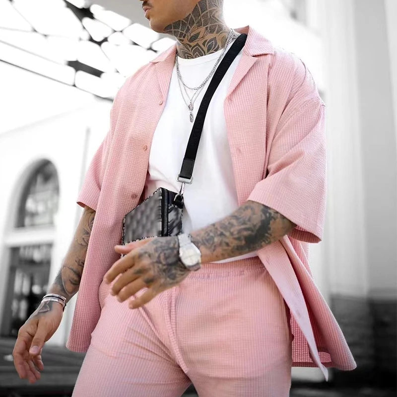 Summer Mens Hip Hop Outfits Short Sleeve Lapel Cardigans And Solid Color Pants Two Piece Suits Men Streetwear Fashion Pink Sets